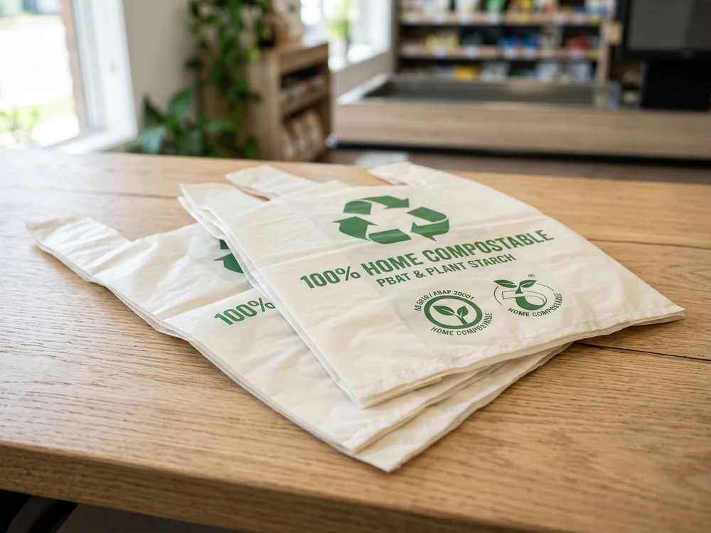 100% Home Compostable T-Shirt Bag - Technical Product Photography - Certified Compostable Bio-Films for Food & Beverage Flexible