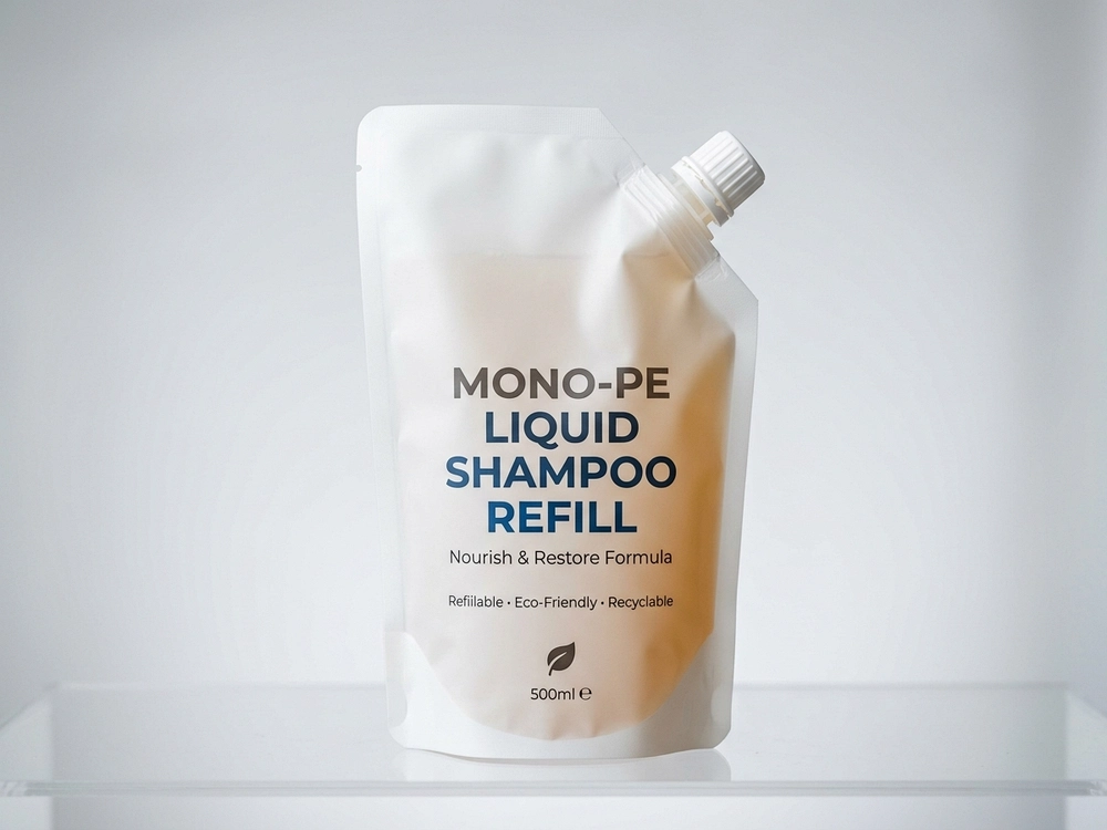 Liquid Spout Stand-Up Pouch - Technical Product Photography - 100% Mono-PE Recyclable for Cosmetics, Beauty & Personal Care