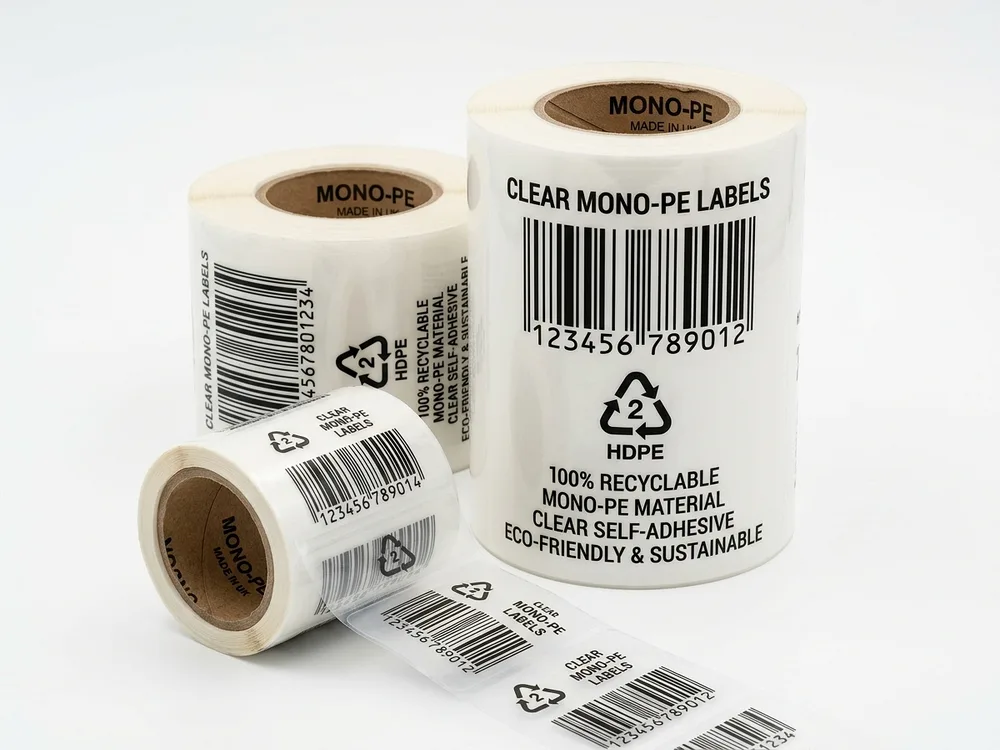 Mono-PE / Mono-PP Labels for Plastic Bags - Technical Product Photography - Mono-Material Adhesive Labels for Apparel, Fashion & Textile