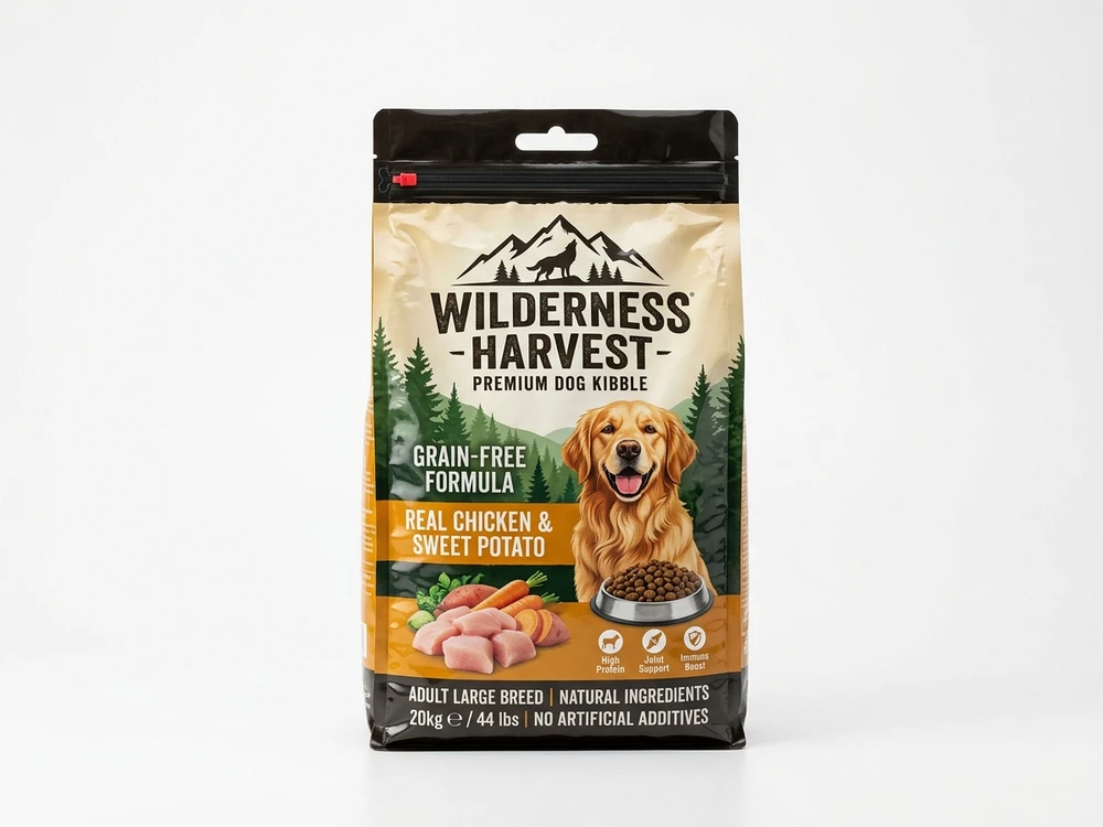 High-Barrier Pet Food Flat Bottom Bag - Technical Product Photography - 100% Mono-Material PE for Food & Beverage Flexible
