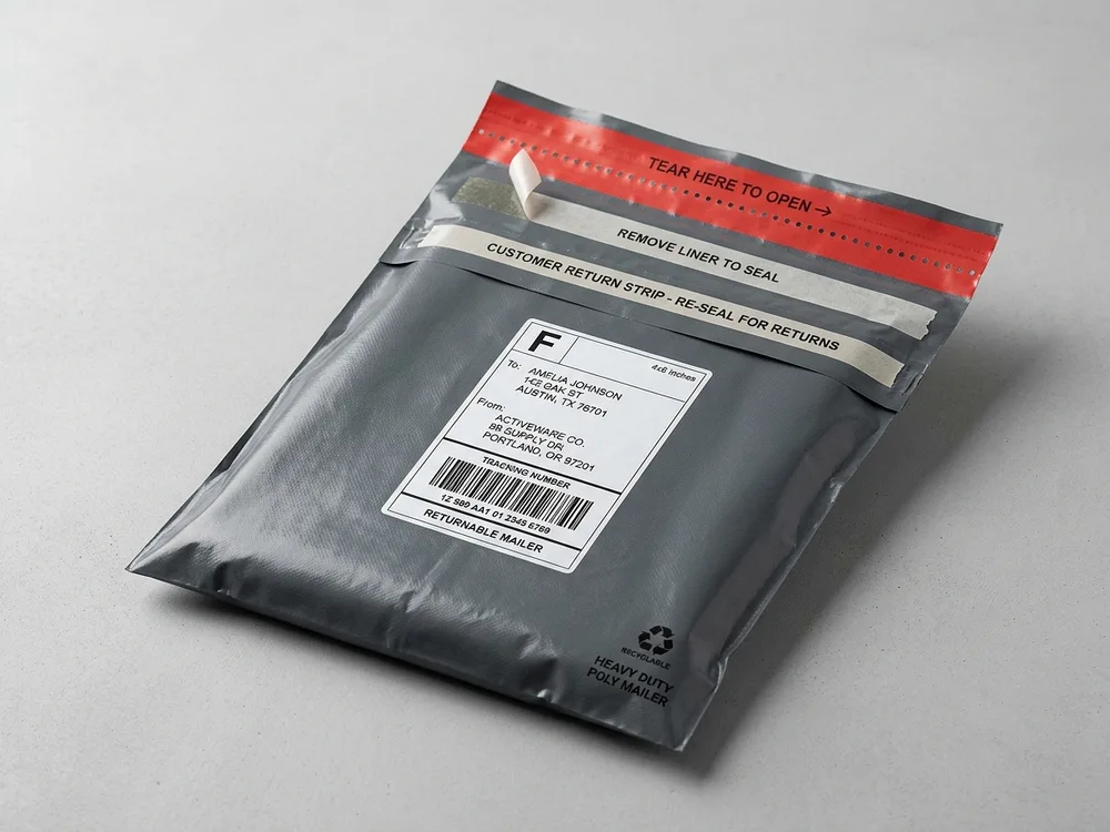 Double-Strip Returnable Shipping Bag - Technical Product Photography - GRS 4.0 PCR Plastics for E-Commerce & Express Logistics