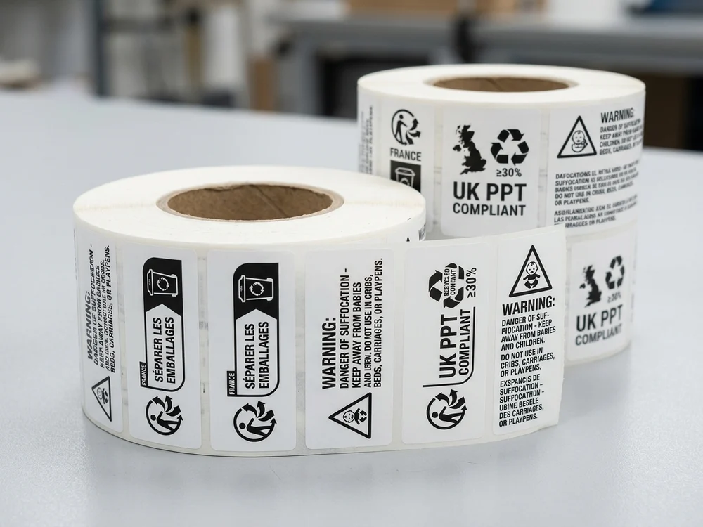 Recycling & Warning Symbol Sticker Labels - Technical Product Photography - Mono-Material Adhesive Labels for E-Commerce & Express Logistics